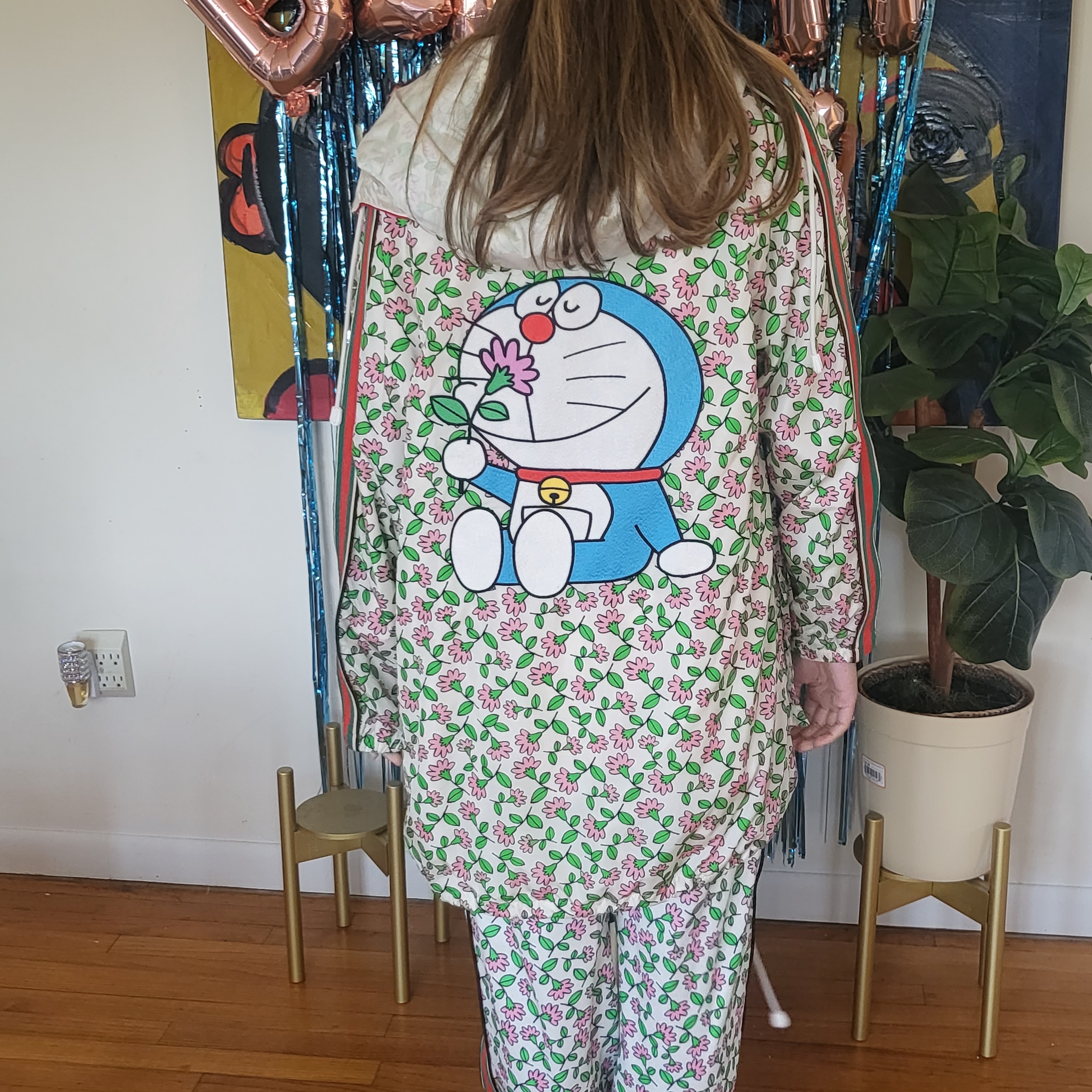 Gucci X Doraemon Floral Hooded Parka Rain Jacket- White, Blue & Pink